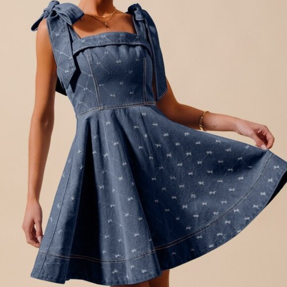 Dresses & Skirts - A Line Fit and Flare Diamond Bow Ribbon Denim Dress